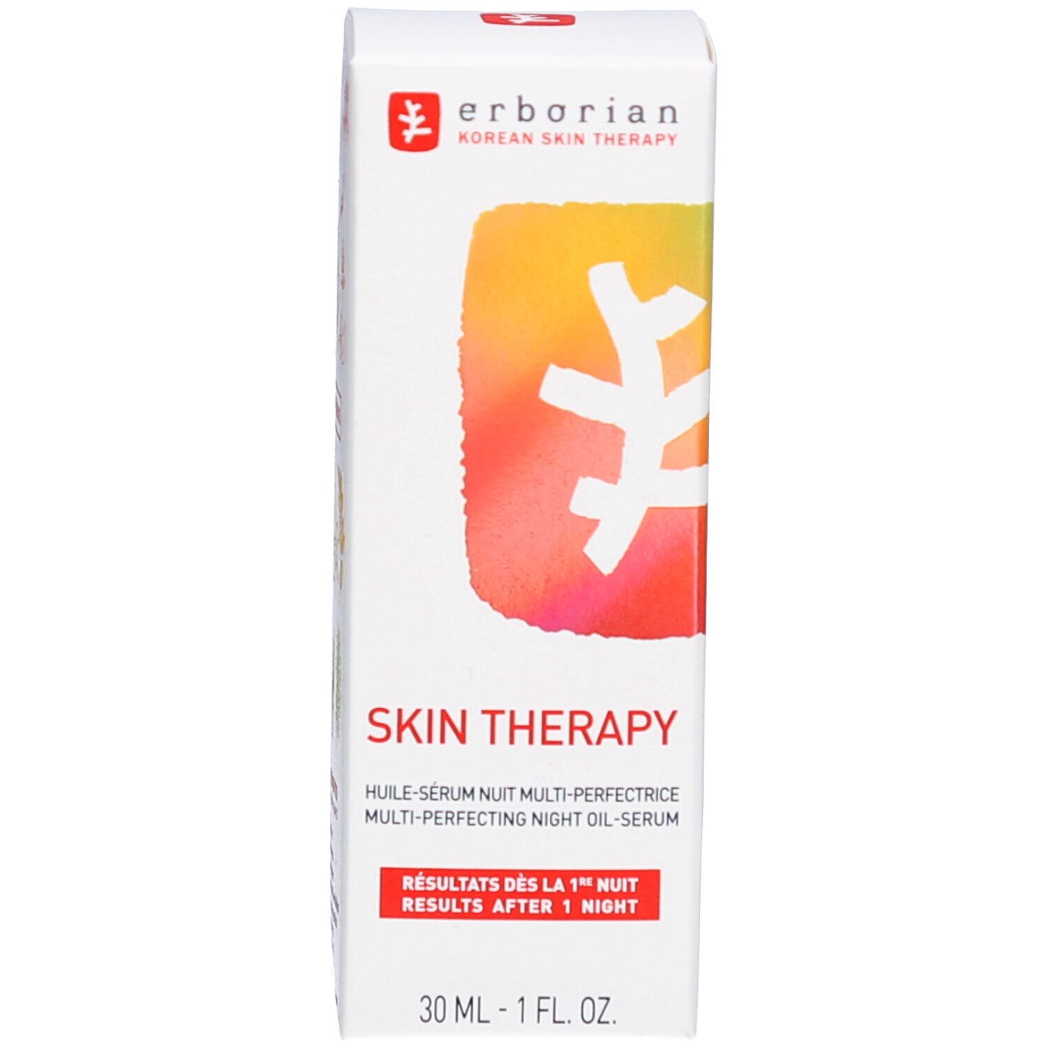 Confezione del prodotto. Scritta: Skin Therapy. Risultati dopo 1 notte. 30 ml.