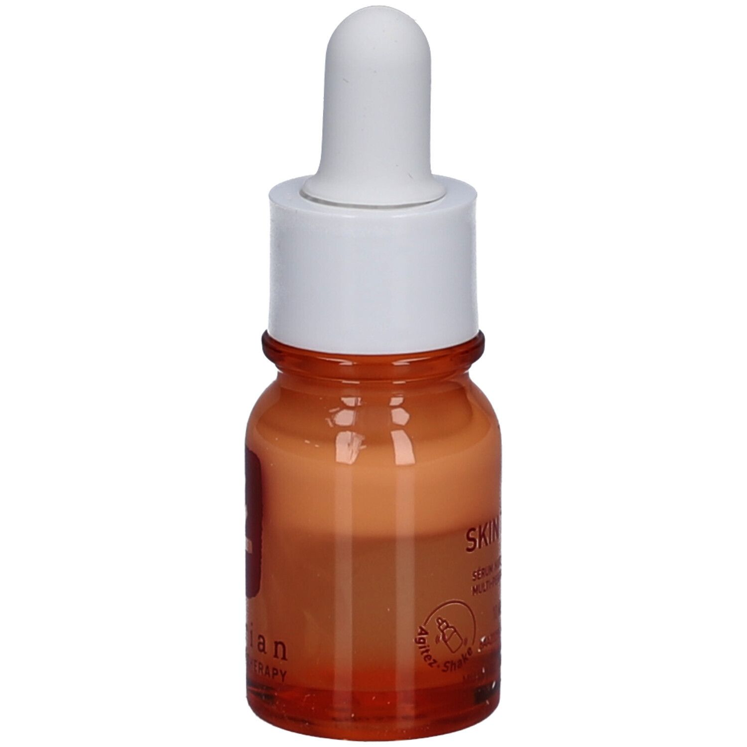 Flacone di vetro marrone con contagocce bianco. Logo rosso e scritta sul flacone. Contiene un liquido arancione.