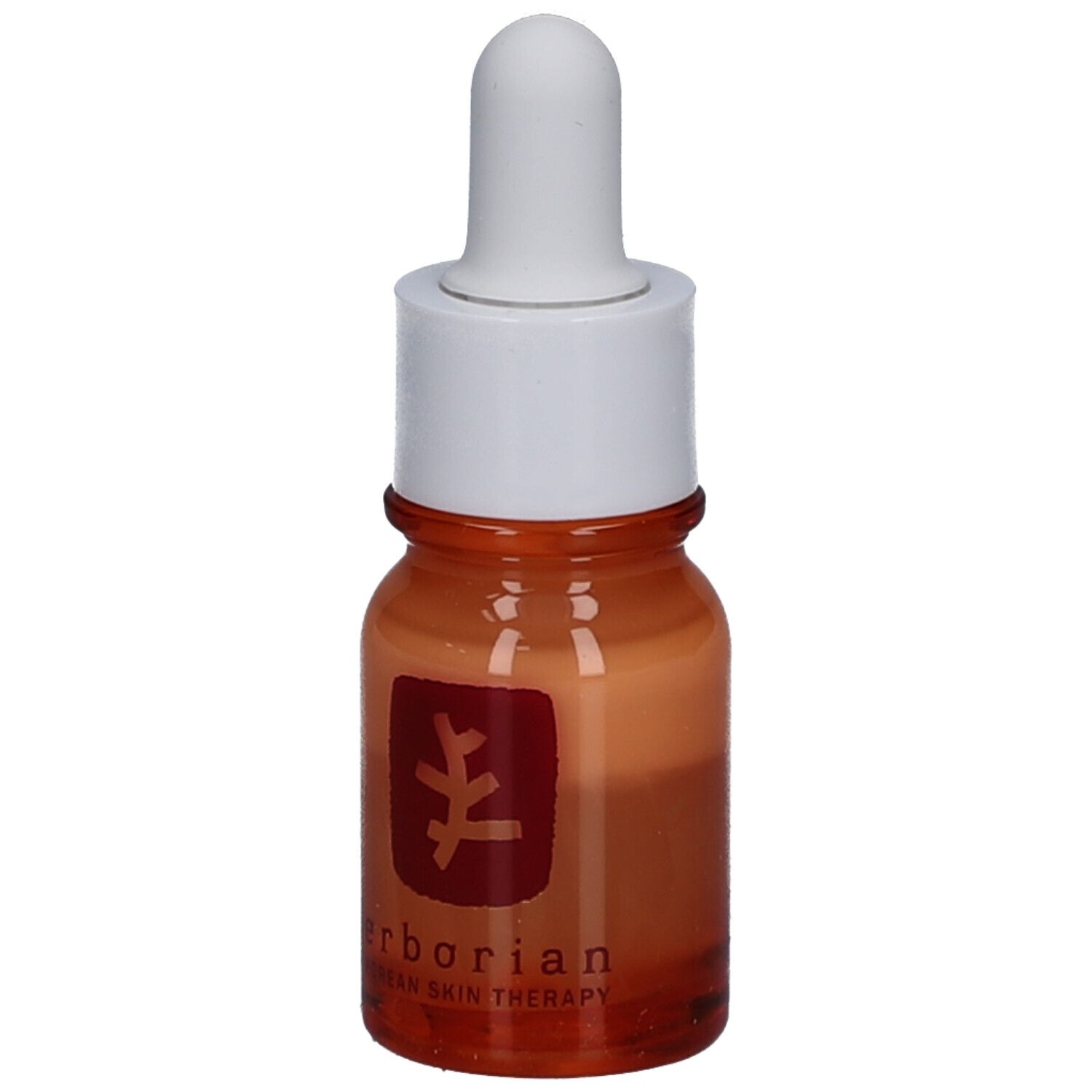 Flacone di vetro marrone con contagocce bianco. Logo rosso e scritta sul flacone. Contiene un liquido arancione.