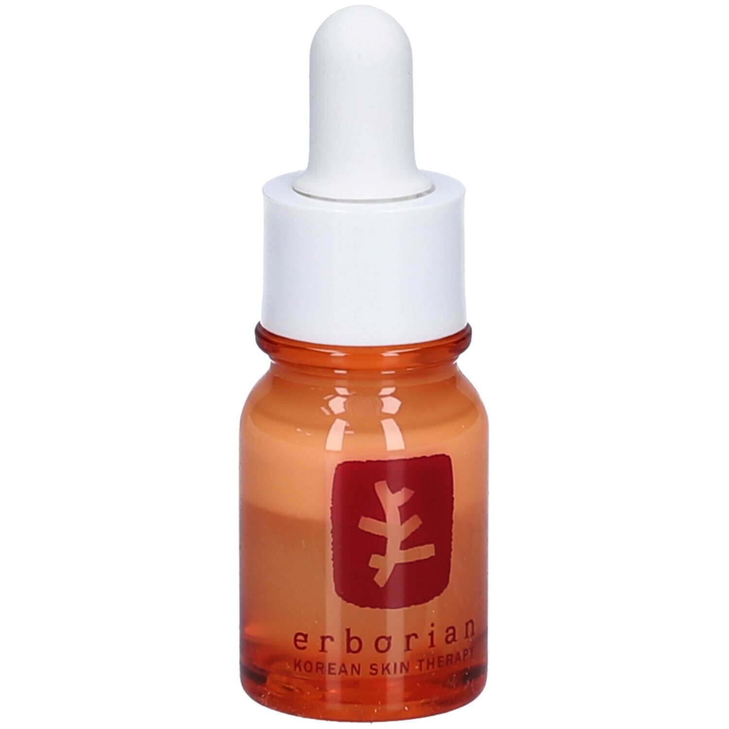 Flacone di vetro marrone con contagocce bianco. Logo rosso e scritta sul flacone. Contiene un liquido arancione.