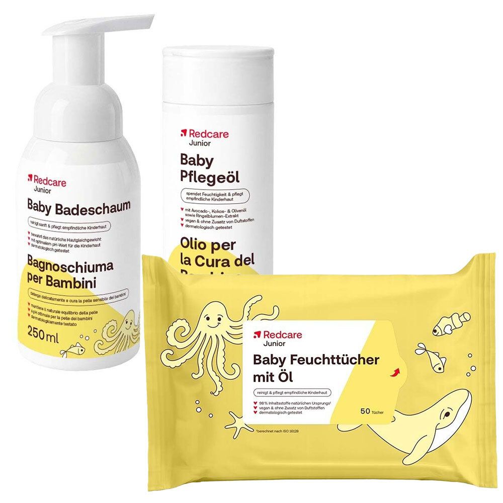 Redcare Junior Hallo Baby Olio + Bagnoschiuma + Salviettine Umidificate - risparmia il 30% con il codice: 30REDCARE
