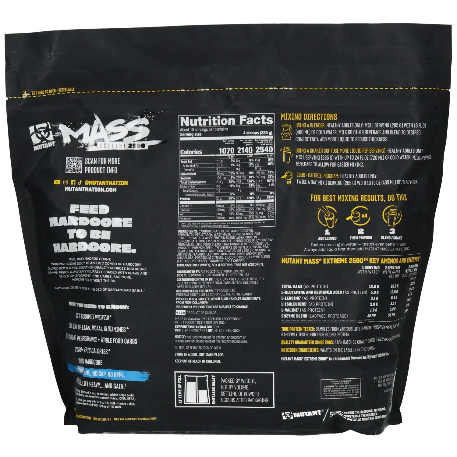 Retro del sacchetto Mutant Mass Extreme 2500 con informazioni nutrizionali e istruzioni per la preparazione.