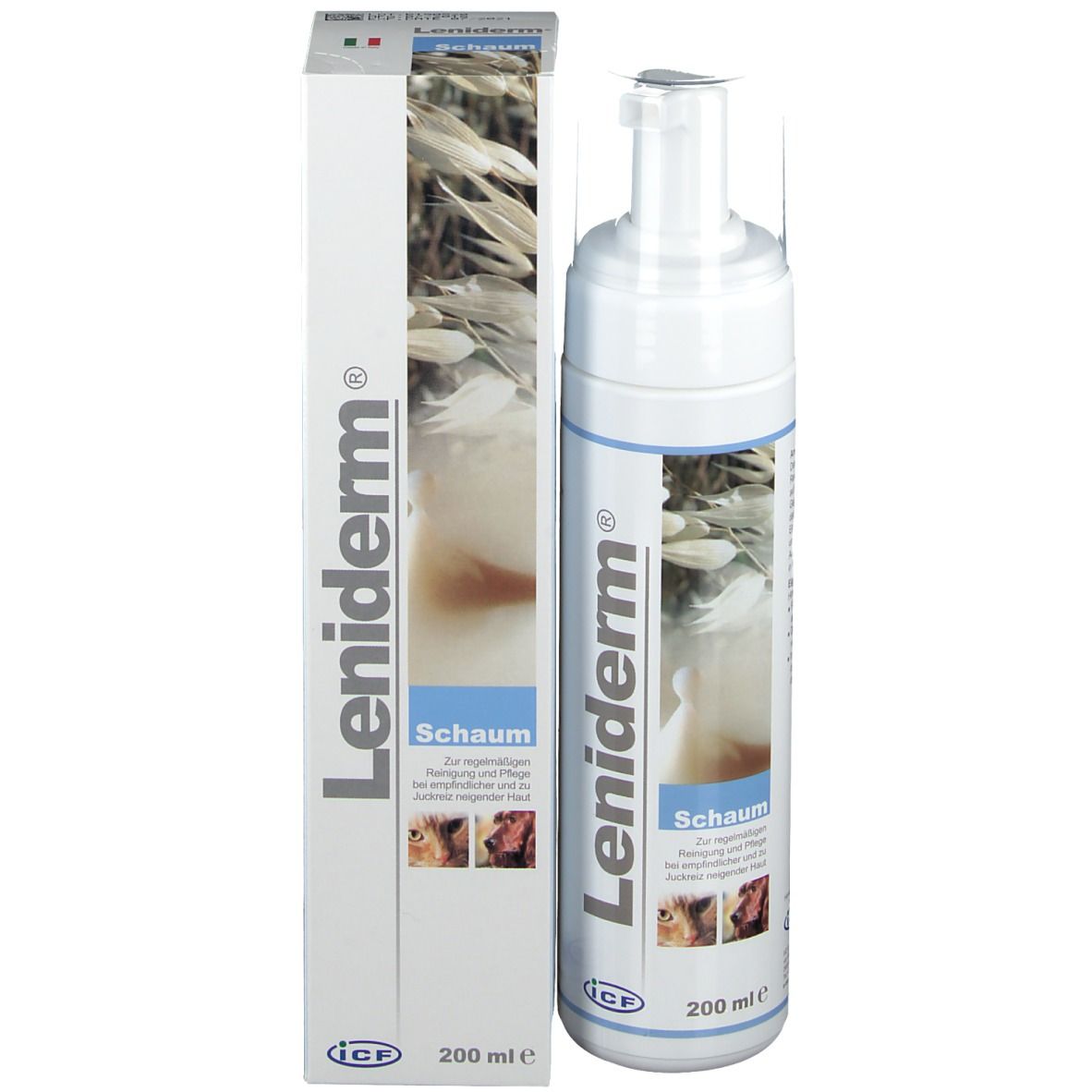 Confezione e flacone di Leniderm® Schaum. Bianco, con nome del prodotto e illustrazioni. 200 ml.