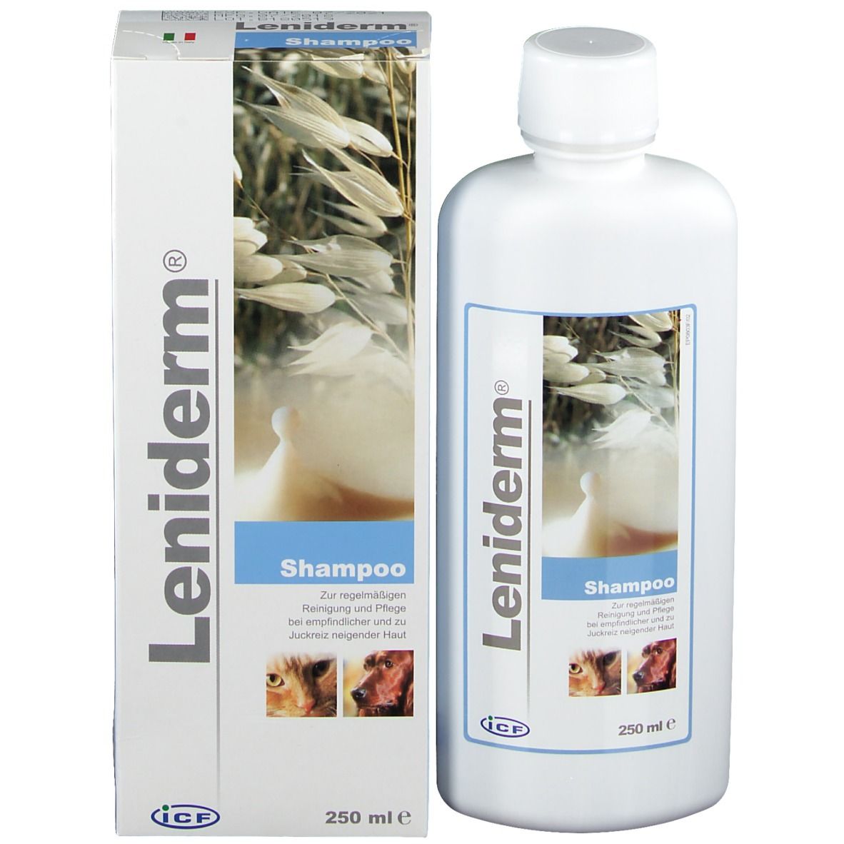 Flacone e scatola di shampoo Leniderm. Bianco, blu e beige. Testo: Shampoo, 250 ml. Immagini di animali.