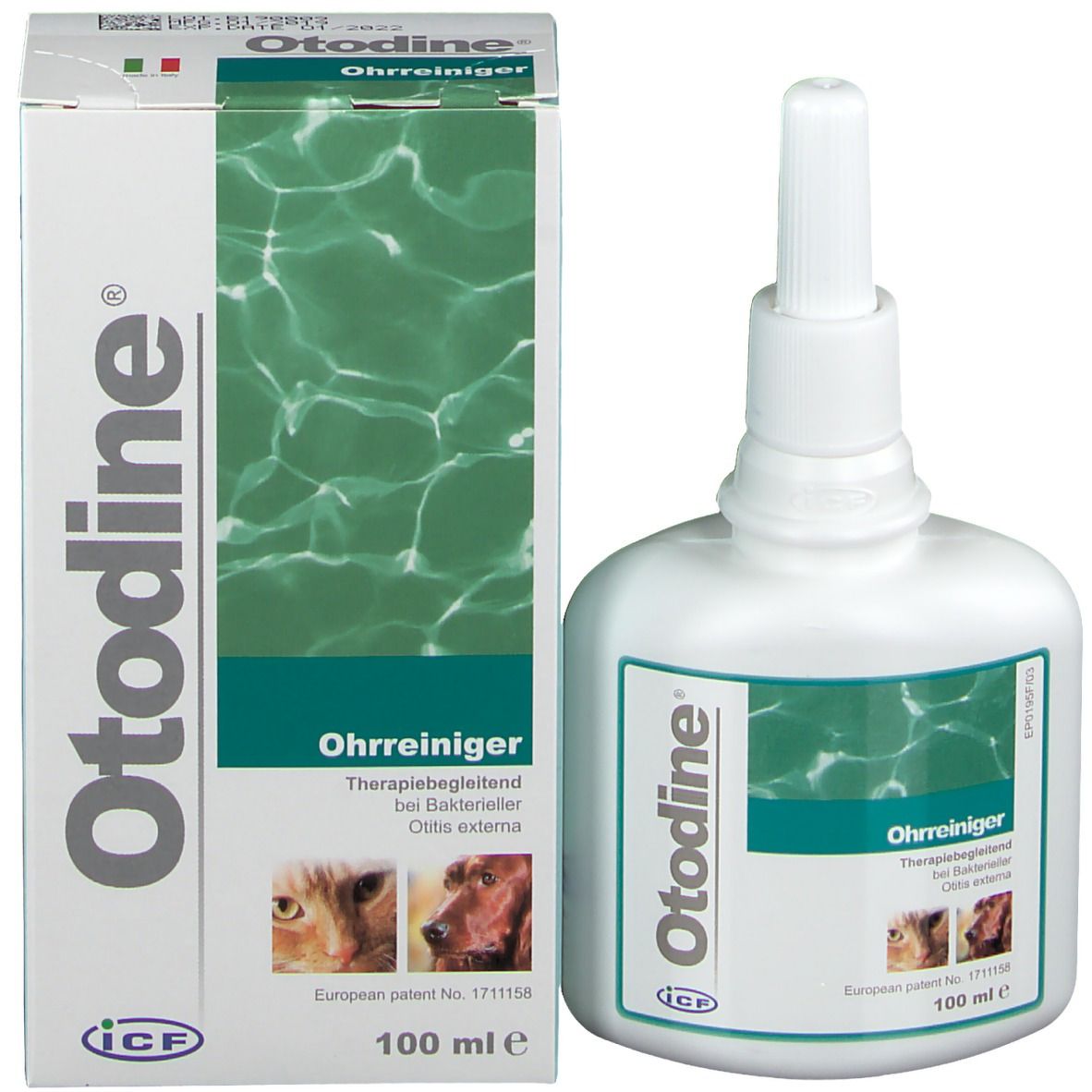 Confezione e flacone Otodine®. Flacone bianco con applicatore accanto alla confezione.