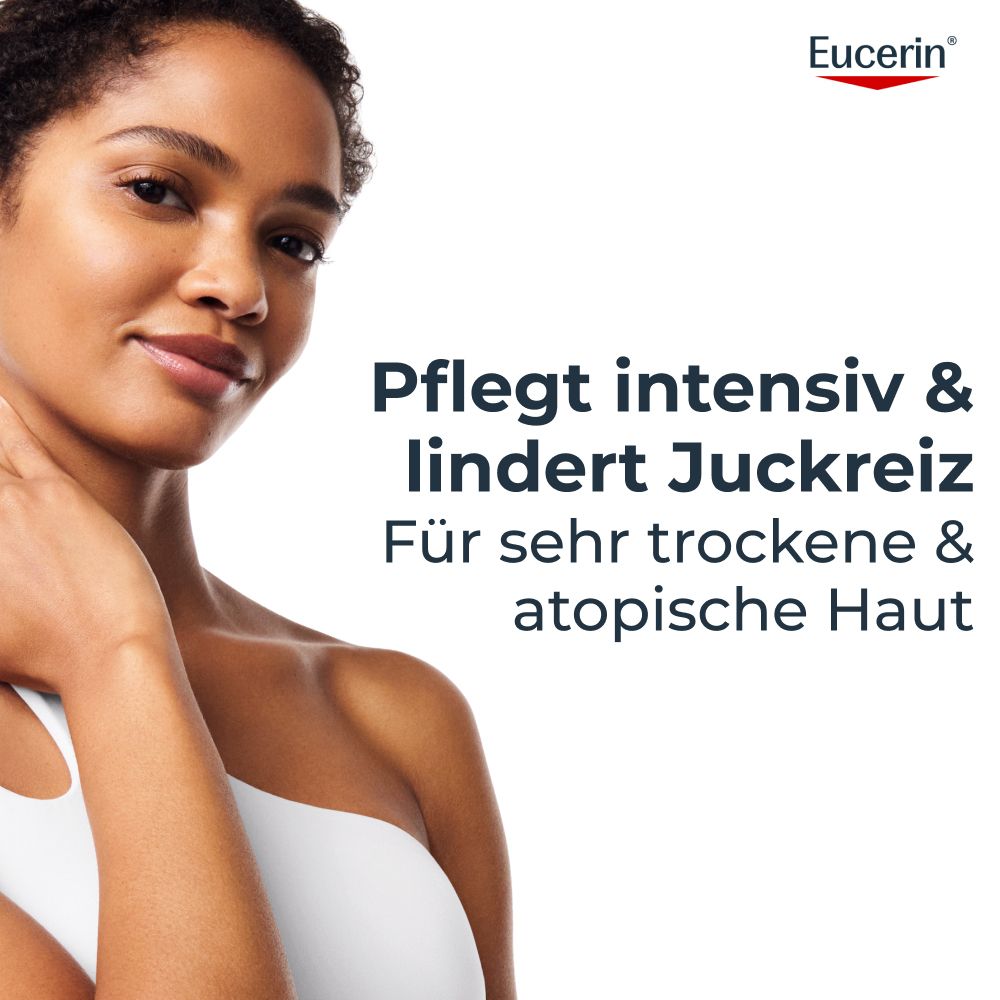 Donna con pelle liscia, Eucerin AtopiControl nutre intensamente e allevia il prurito.