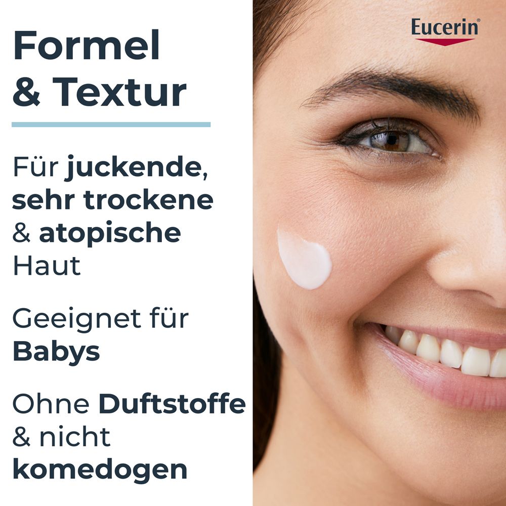 Primo piano di una donna con crema sulla guancia, testo: Per pelli che prudono, molto secche.