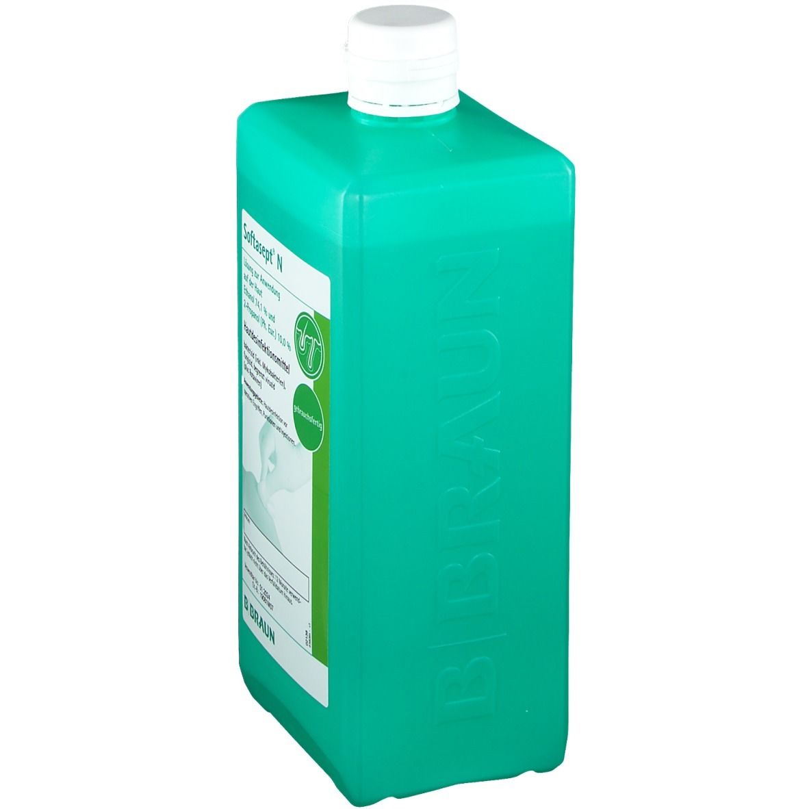 Flacone verde con tappo bianco. Softasept N. Disinfettante per la pelle. Logo B. Braun.