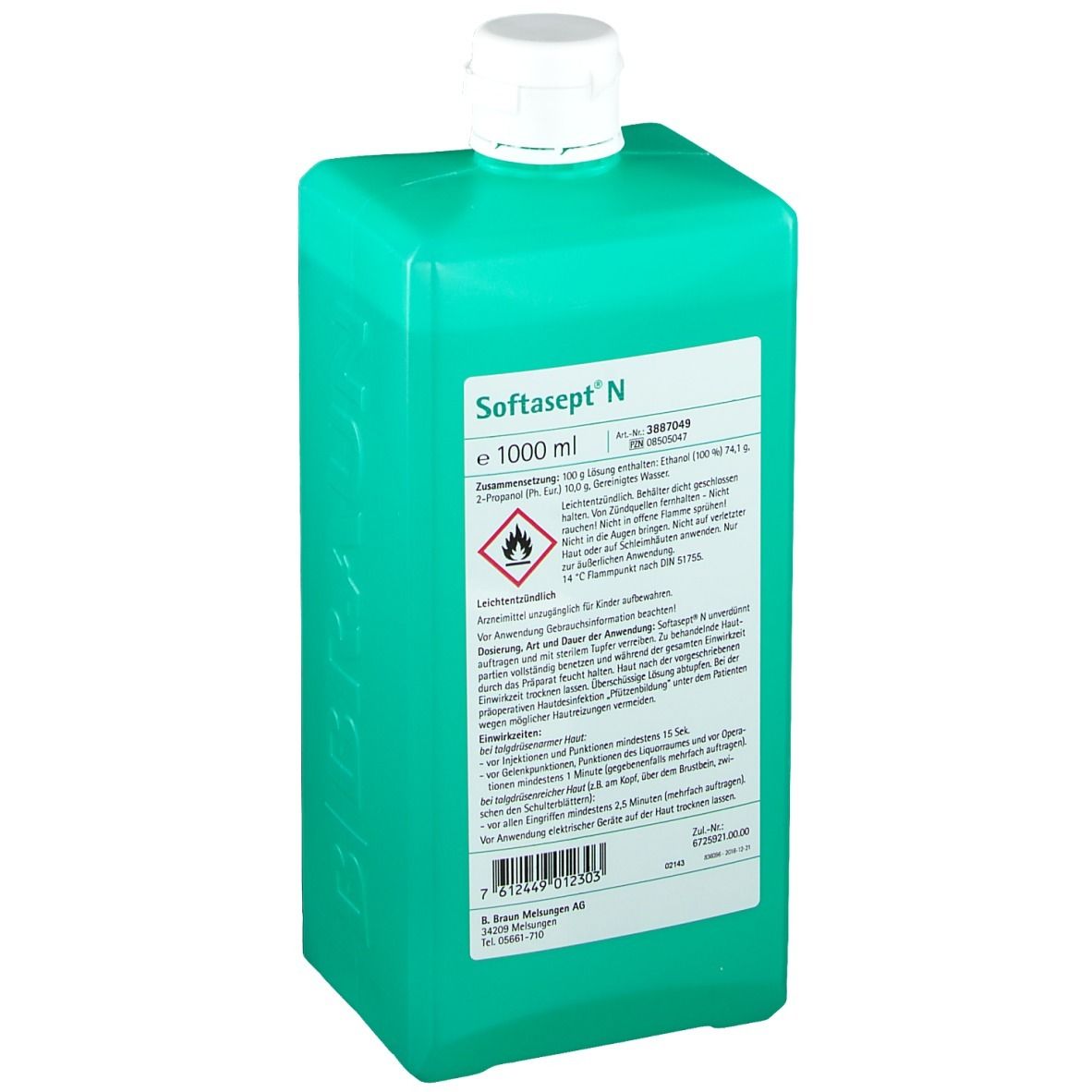 Flacone verde con tappo bianco. Softasept N. 1000 ml. Disinfettante per la pelle. Logo B. Braun.