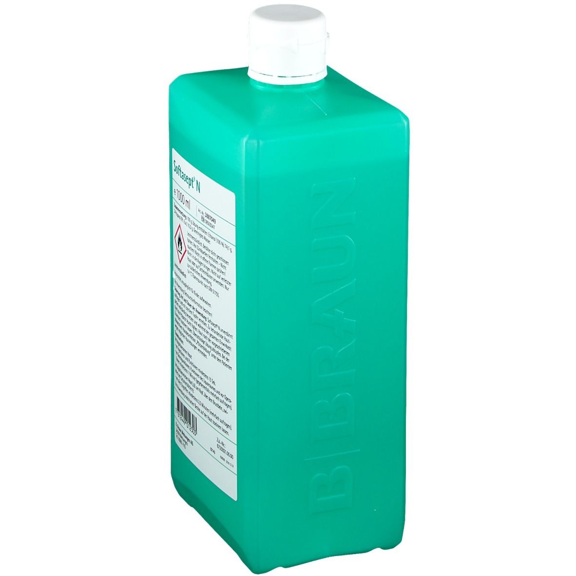 Flacone verde con tappo bianco. Softasept N. 1000 ml. Disinfettante per la pelle. Logo B. Braun.