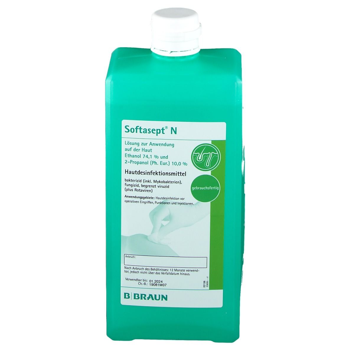 Flacone verde con tappo bianco. Softasept N. Disinfettante per la pelle. Logo B. Braun.