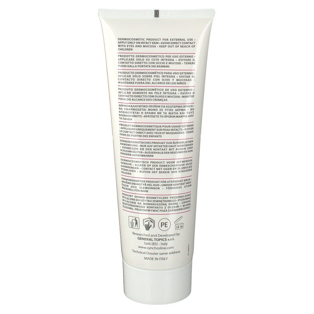 Retro del tubo. Testo multilingue. Tubo bianco con tappo bianco.