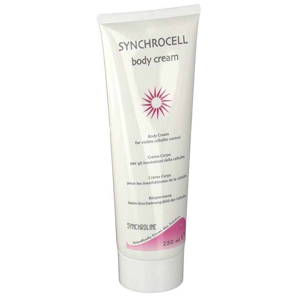 SYNCHROCELL crema corpo. Tubo bianco con stella logo rossa. Testo multilingue.