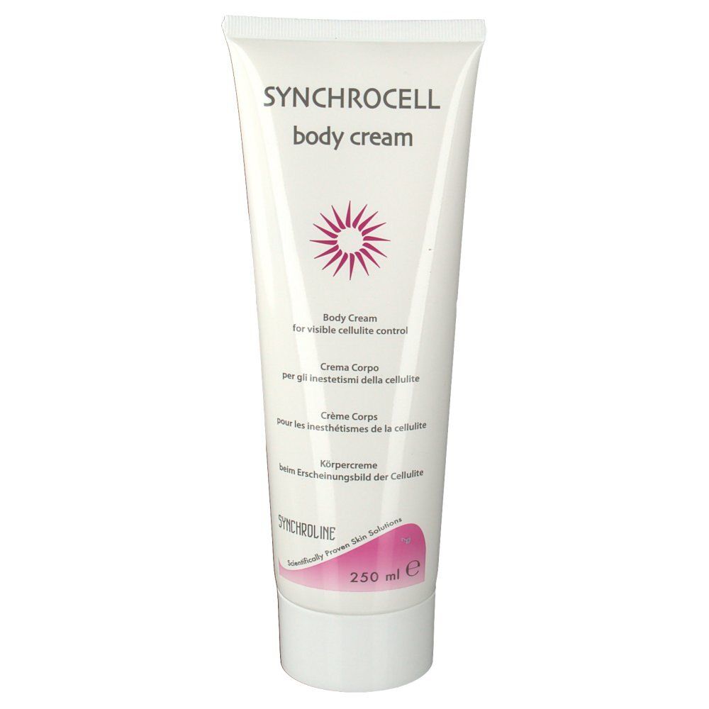 SYNCHROCELL crema corpo. Tubo bianco con stella logo rossa. Testo multilingue.