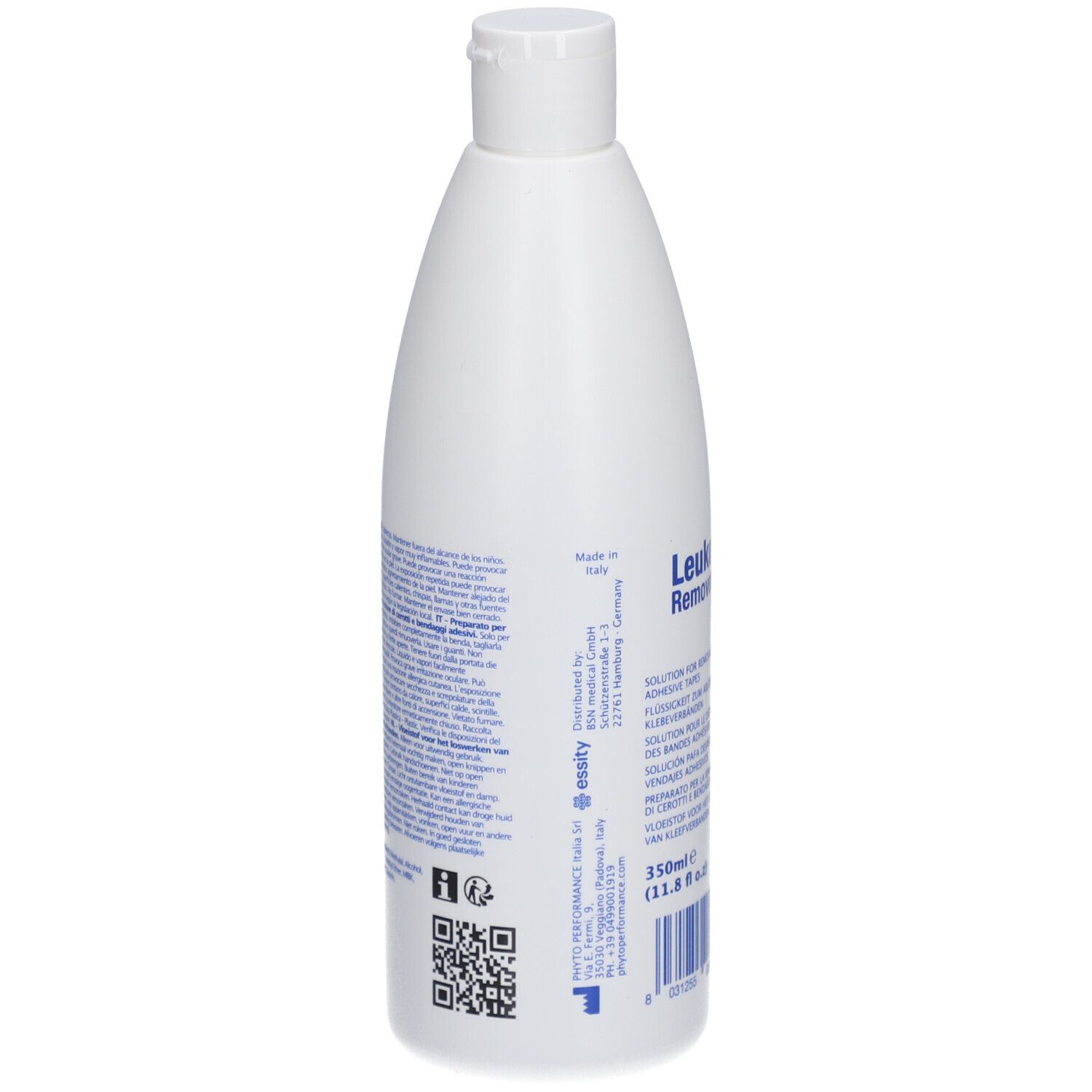 Flacone bianco con tappo a vite. Retro con testo e codice QR. Prodotto in Italia. 350ml.