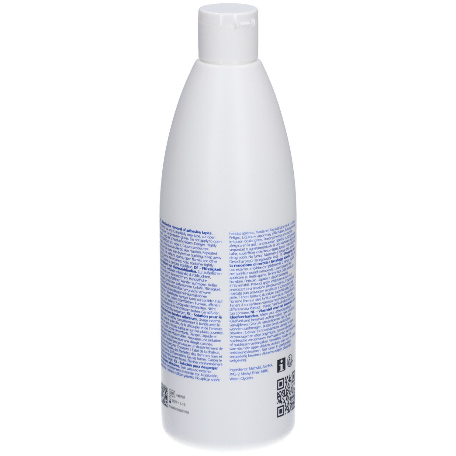 Flacone bianco con tappo a vite. Retro con testo e codice QR. 350ml.