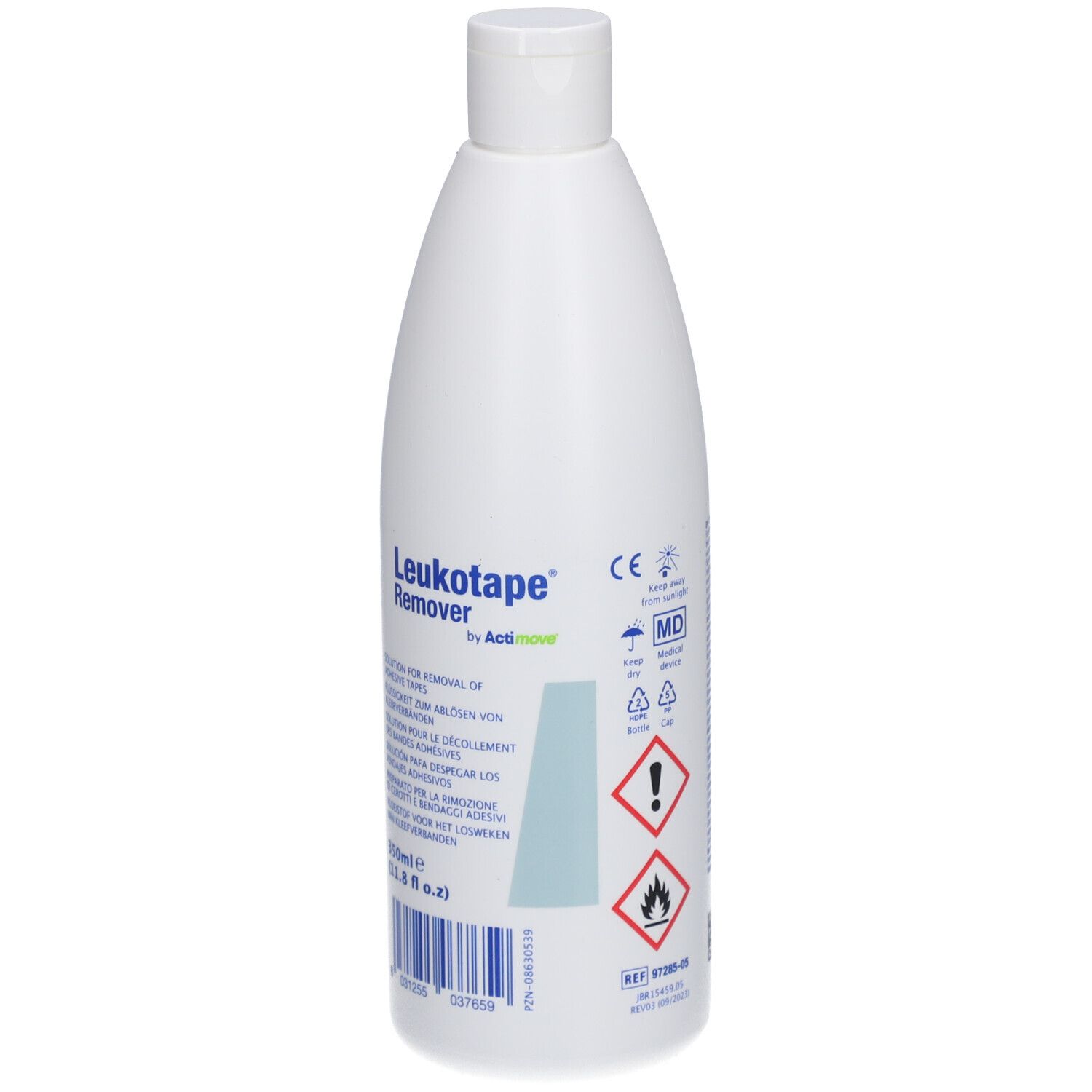 Flacone bianco con tappo a vite. Scritta: Leukotape® Remover. 350ml. Simboli di pericolo.
