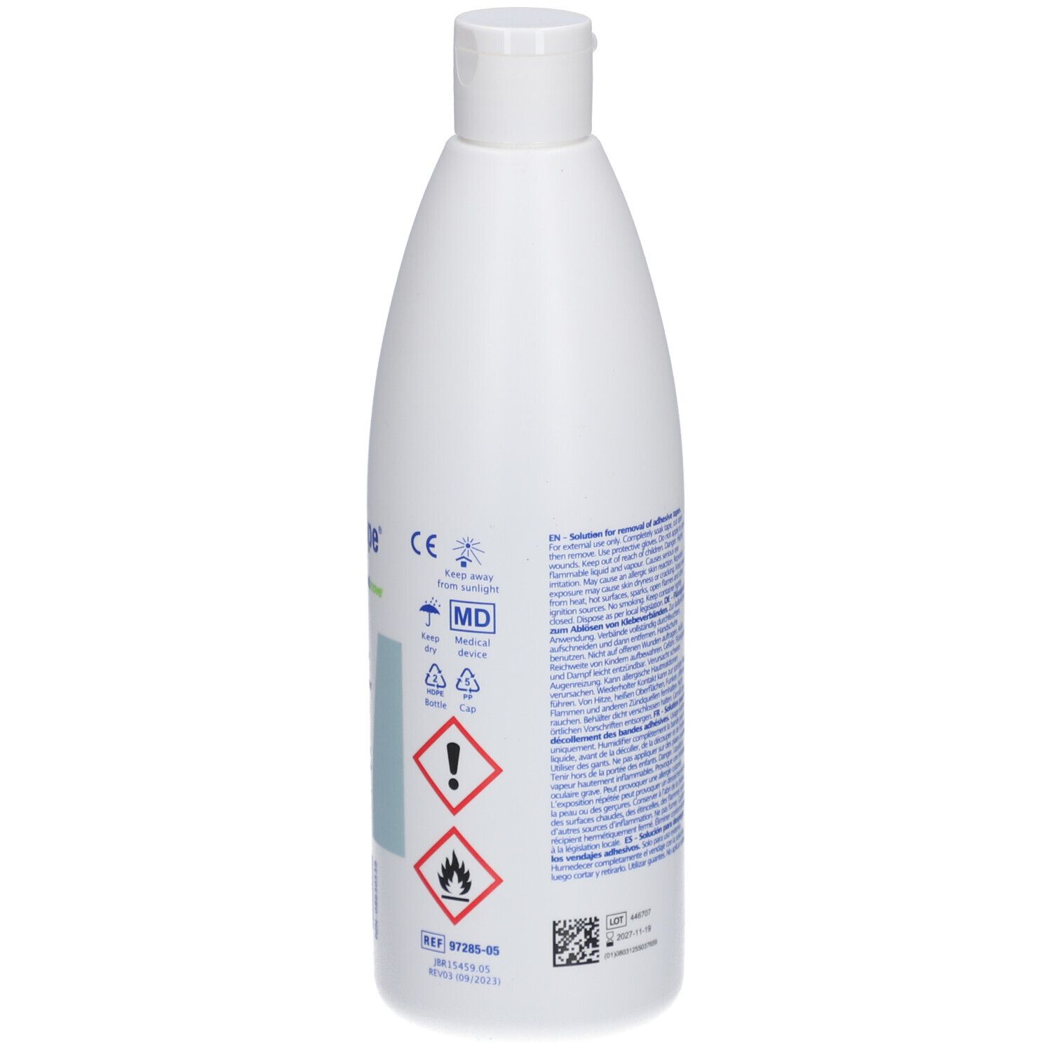 Flacone bianco con tappo a vite. Scritta: Leukotape® Remover. 350ml. Simboli di pericolo e marchio CE.