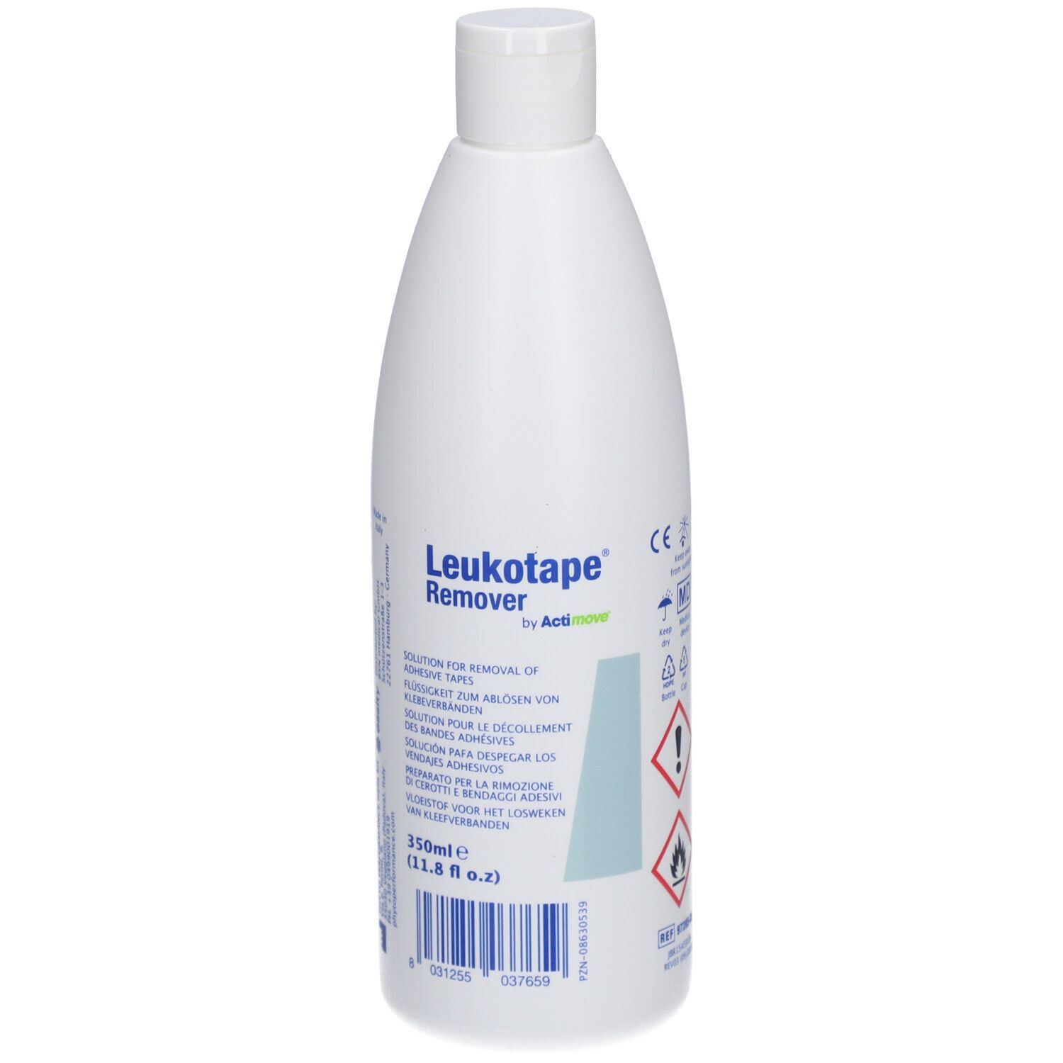 Flacone bianco con tappo a vite. Scritta: Leukotape® Remover. 350ml. Soluzione per la rimozione di adesivi.