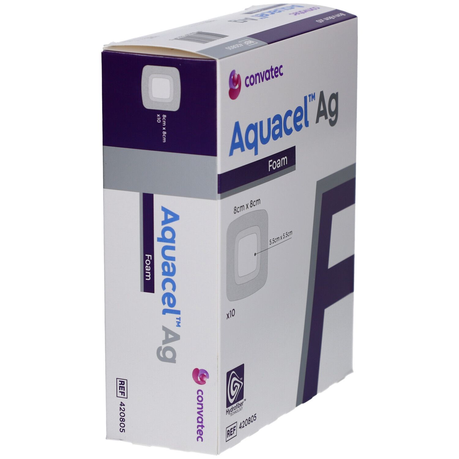 Confezione del prodotto, in diagonale. Marchio Convatec, nome Aquacel Ag Foam. Dimensione 8x8 cm. Area interna 5,5x5,5 cm.