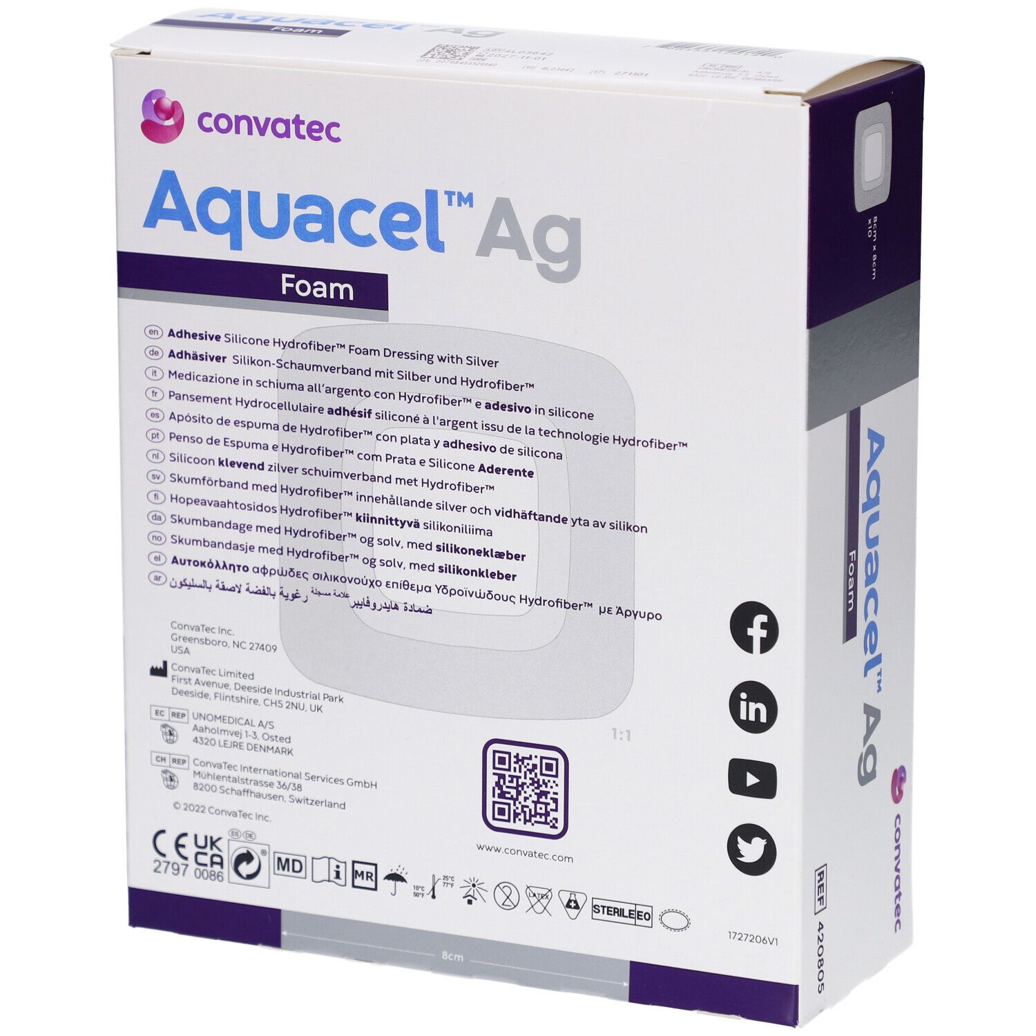 Retro della confezione del prodotto. Informazioni multilingue sul prodotto. Marchio Convatec, nome Aquacel Ag Foam. Codice QR.