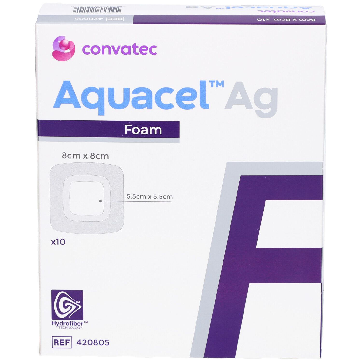 Confezione del prodotto. Marchio Convatec, nome Aquacel Ag Foam. Dimensione 8x8 cm, area interna 5,5x5,5 cm. x10.