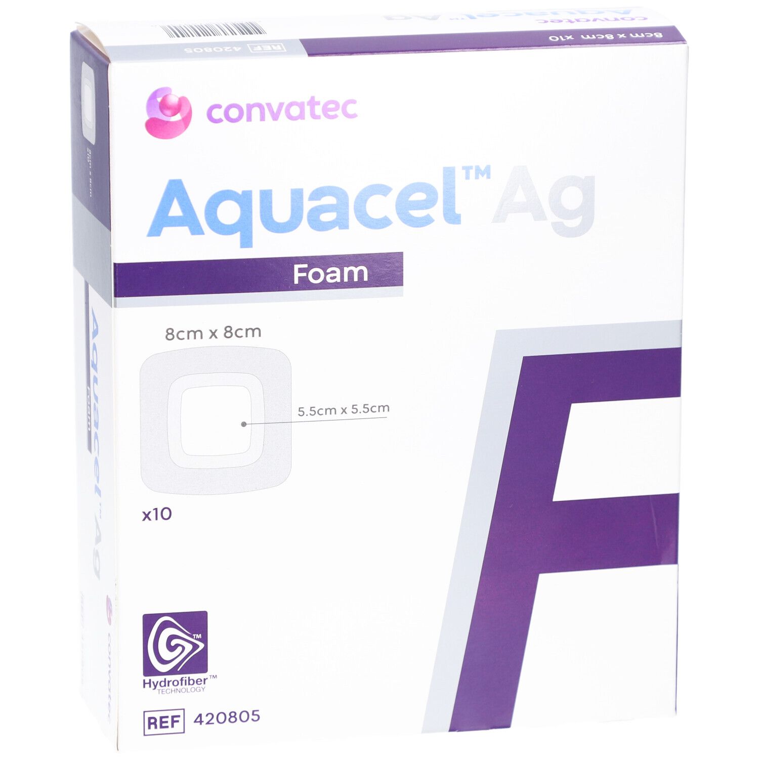 Confezione del prodotto. Marchio Convatec, nome Aquacel Ag Foam. Dimensione 8x8 cm, area interna 5,5x5,5 cm. x10.