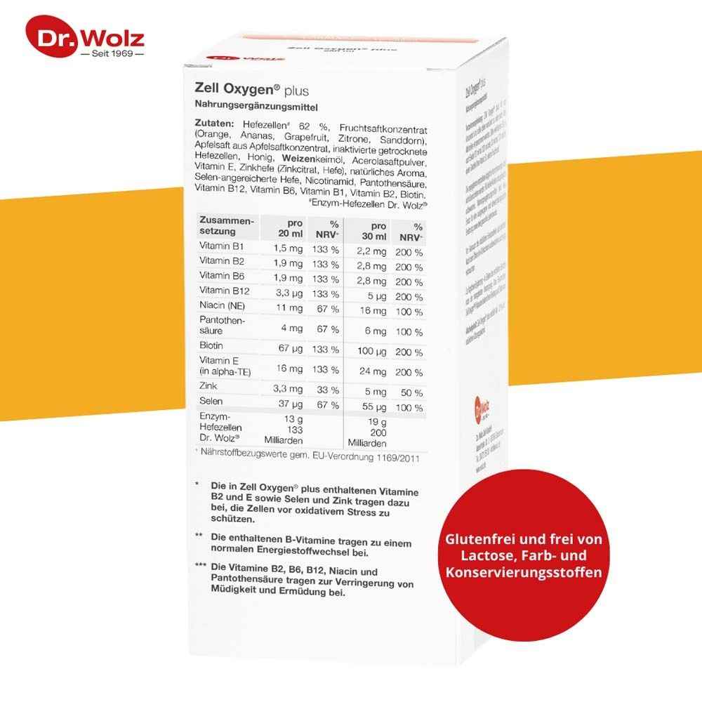 Tabella nutrizionale di Zell Oxygen plus. Contiene vitamine, minerali, oligoelementi. Senza glutine, senza lattosio.