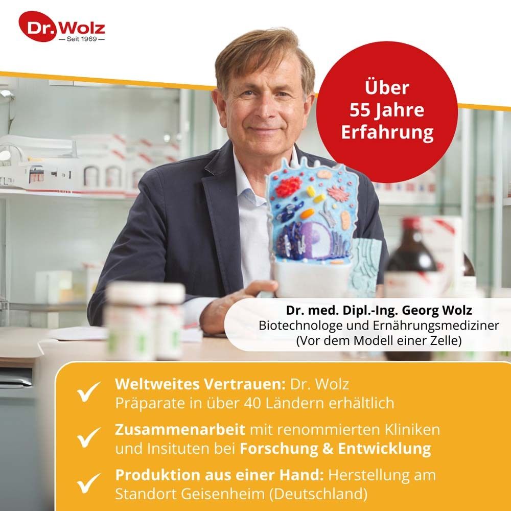 Uomo davanti a uno scaffale. Testo: Oltre 55 anni di esperienza. Dr. Georg Wolz, biotecnologo.