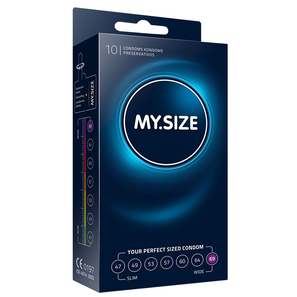 Confezione da 10 preservativi MY.SIZE 69, larghezza 69mm.
