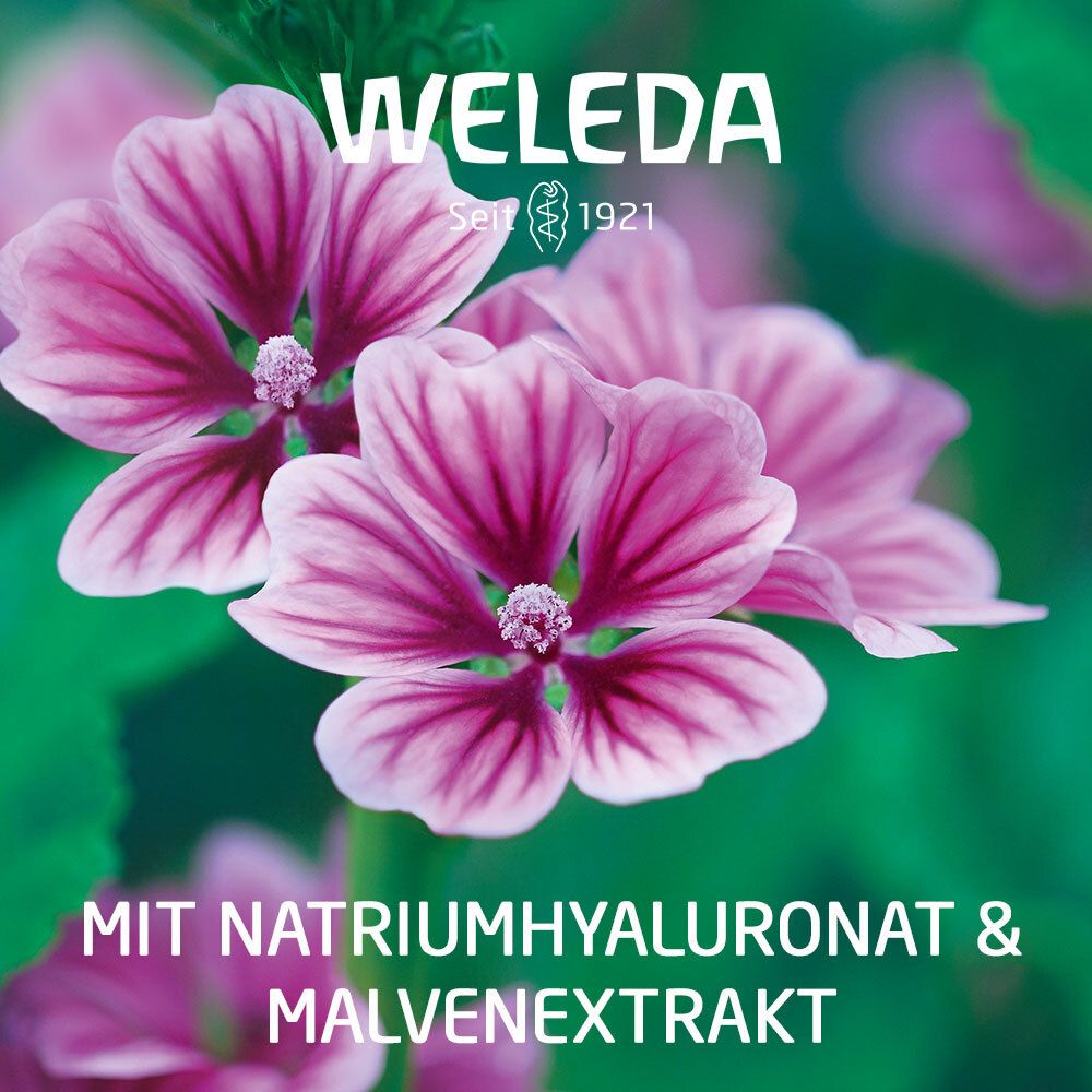 Fiori con testo: Con sodio ialuronato e estratto di malva. Marchio Weleda.