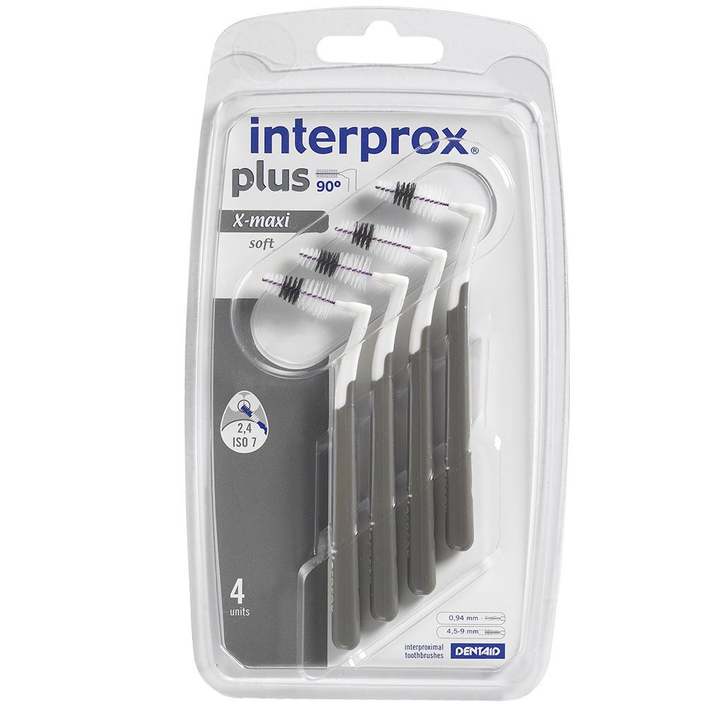 Confezione da 4 Interprox Plus X-maxi 2,4 mm. Contiene 4 scovolini con manici grigi e setole bianche, in blister.