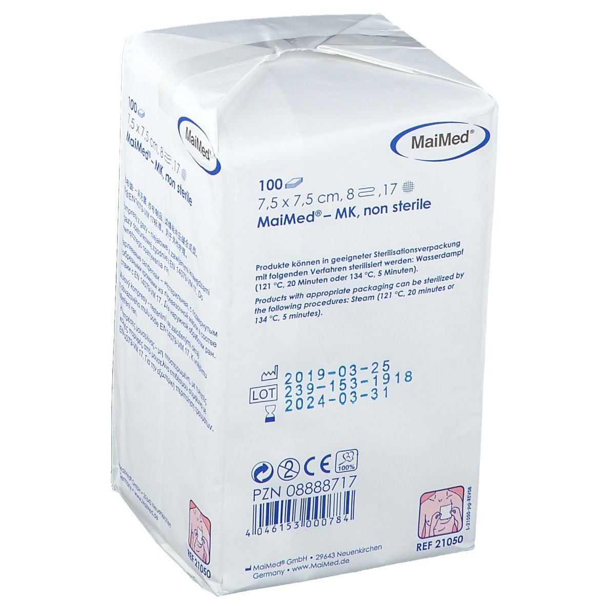 Confezione di garze MaiMed. 7,5 x 7,5 cm, 8 strati, non sterili. Confezione bianca con testo.