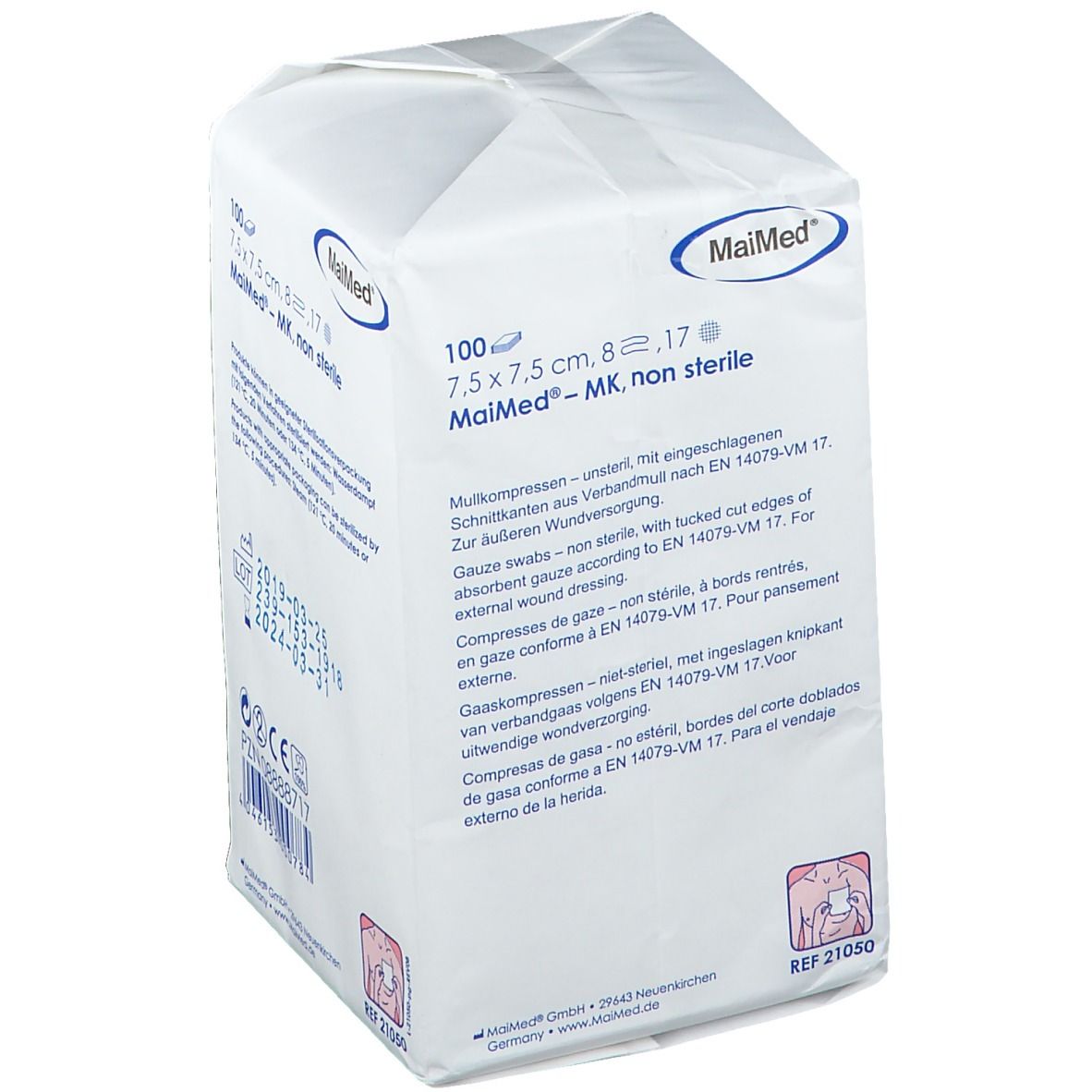 Confezione di garze MaiMed. 7,5 x 7,5 cm, 8 strati, non sterili. Confezione bianca con testo.