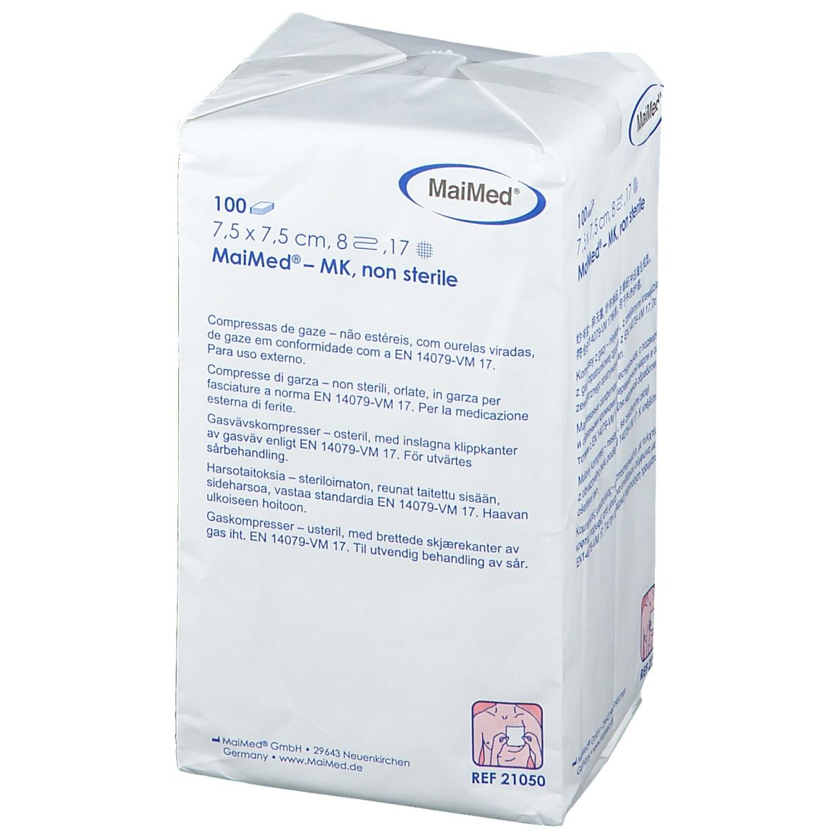 Confezione di garze MaiMed. 7,5 x 7,5 cm, 8 strati, non sterili. Confezione bianca con testo.