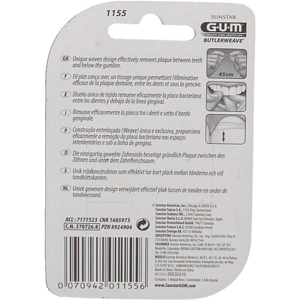 Retro della confezione blister. Testo multilingue. Illustrazioni d'uso. Marchio GUM Butlerweave.