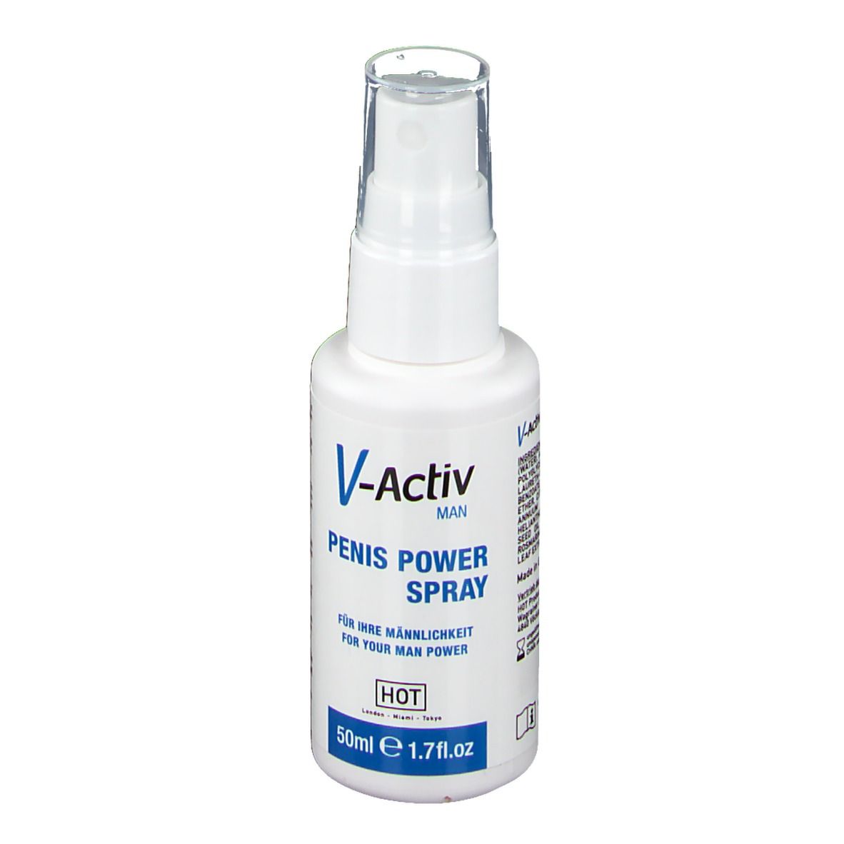Flacone spray bianco con tappo trasparente. Scritta: V-Activ MAN, Penis Power Spray, 50ml e 1.7 fl.oz.