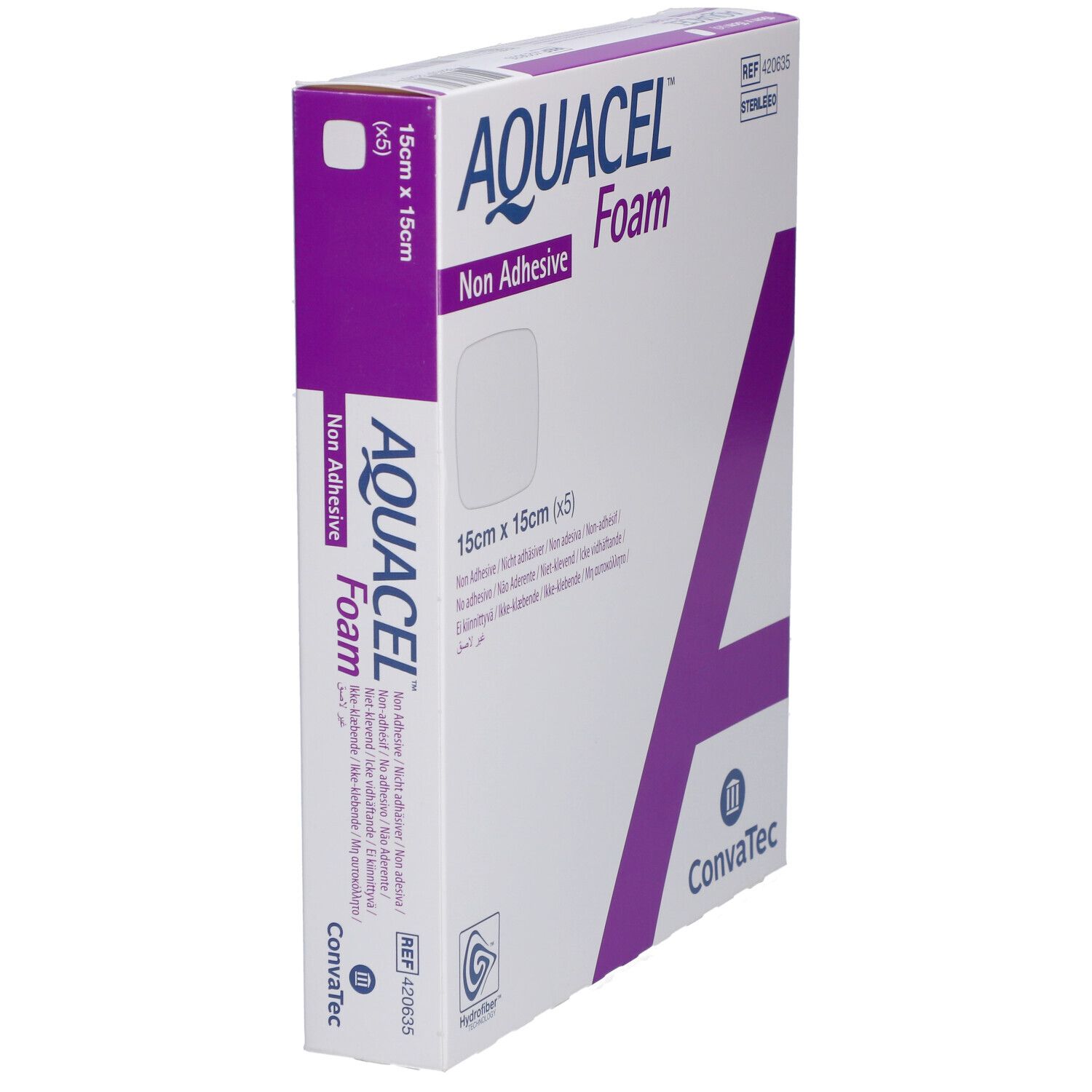 Confezione AQUACEL™ Foam non adesivo, vista laterale. Nome del prodotto, dimensioni 15x15 cm e marchio Convatec visibili.