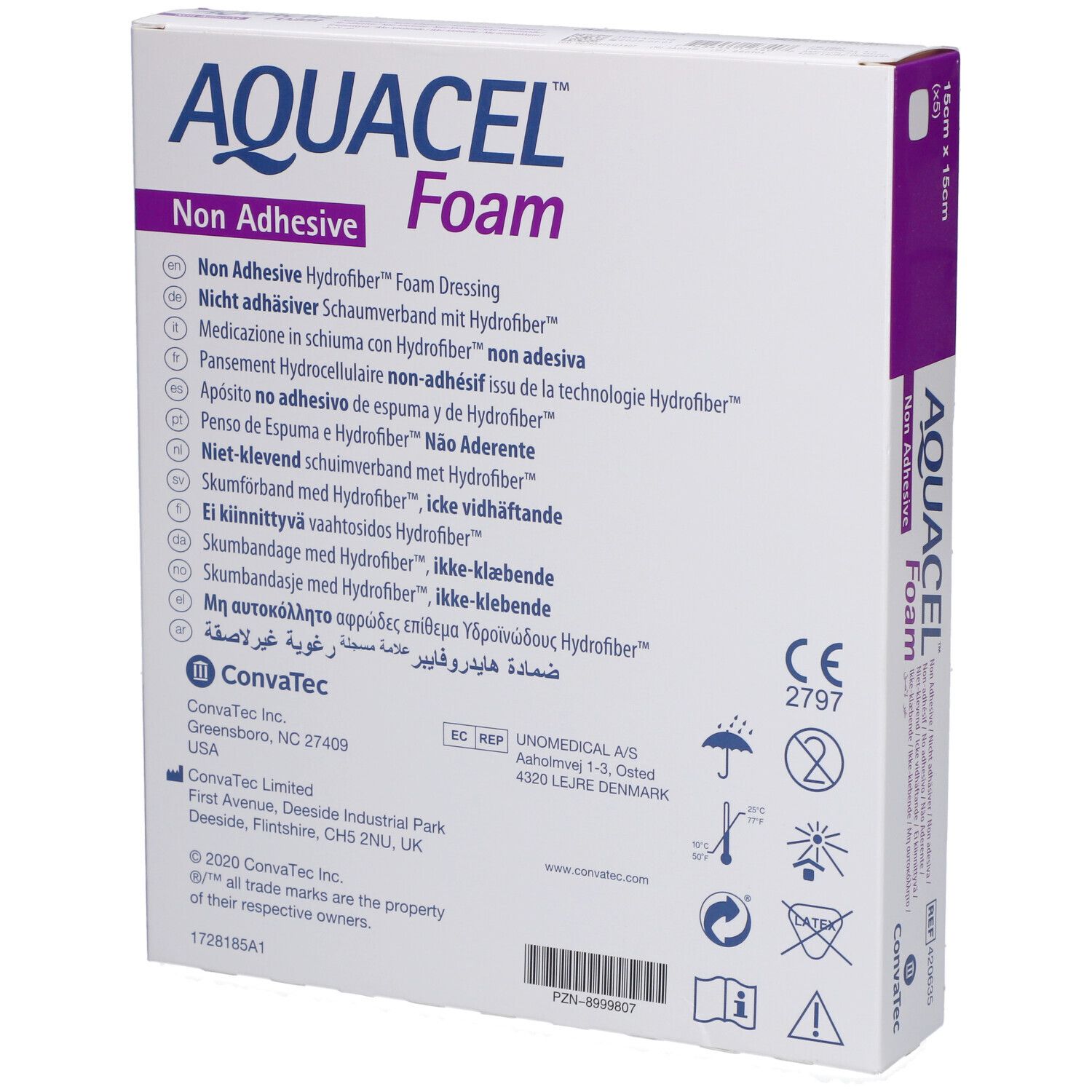 Retro della confezione AQUACEL™ Foam. Informazioni multilingue sul prodotto, indirizzo del produttore e marchio CE.