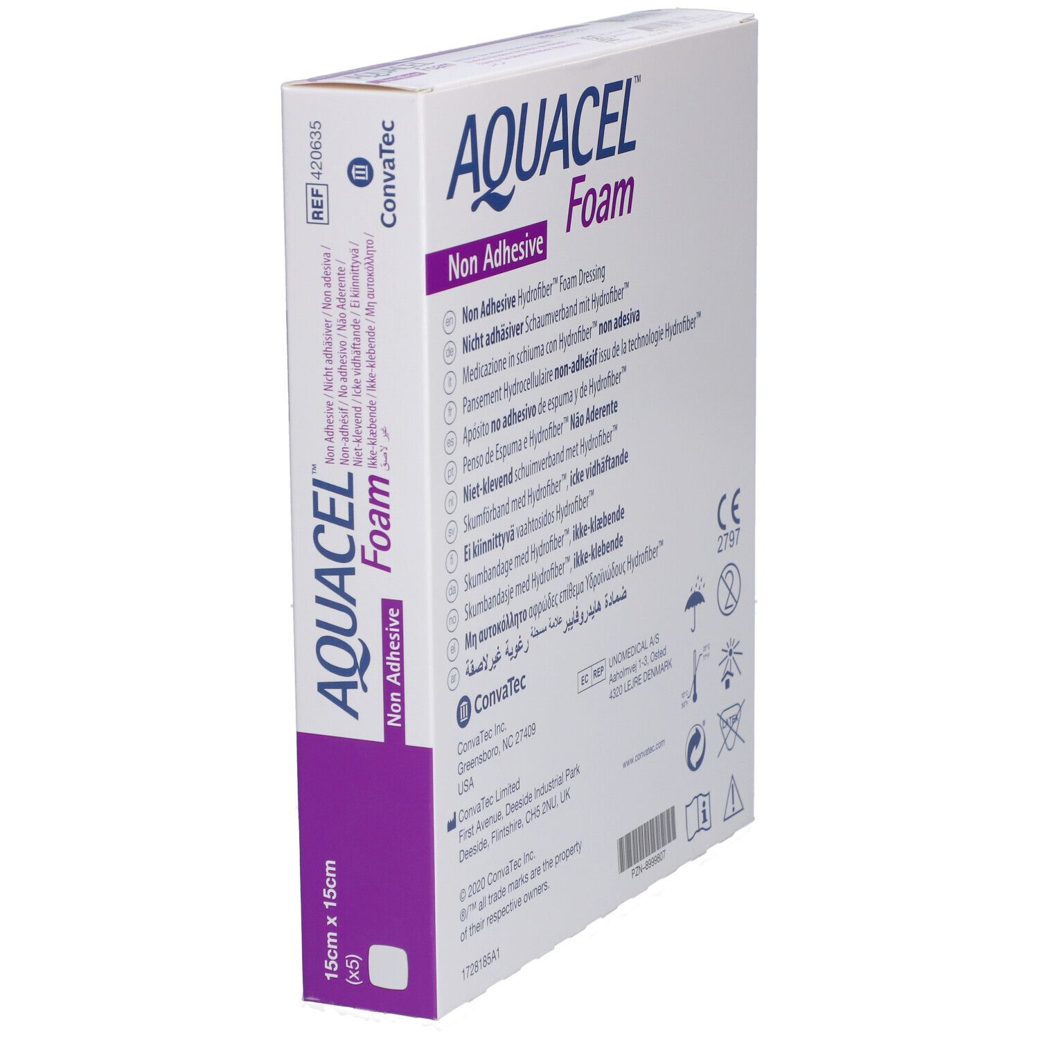 Confezione AQUACEL™ Foam, vista laterale. Nome del prodotto, dimensioni 15x15 cm e marchio Convatec visibili.