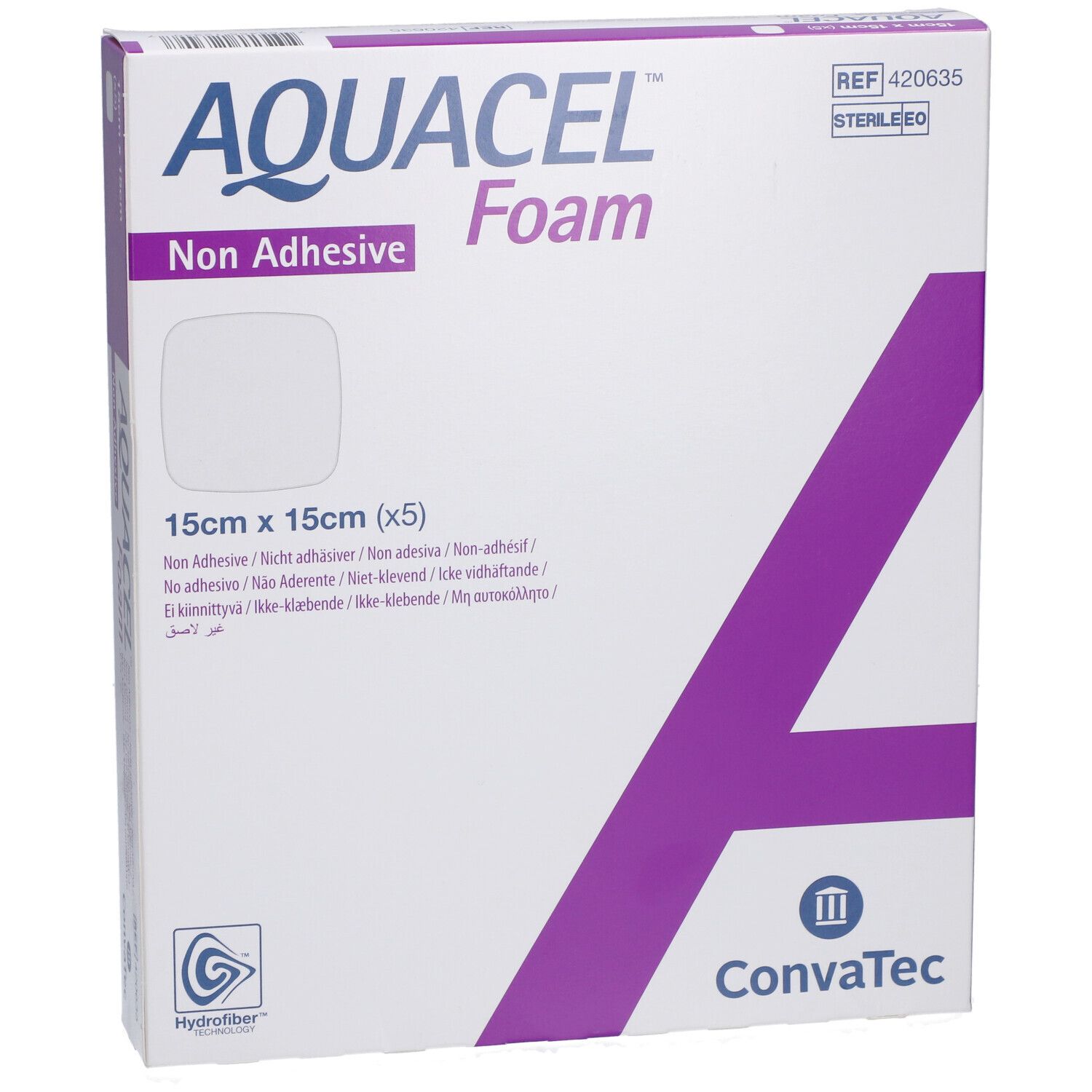 Confezione AQUACEL™ Foam, quadrata. Nome del prodotto, dimensioni 15x15 cm e marchio Convatec ben visibili.