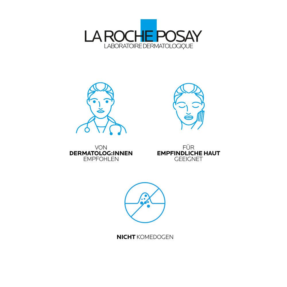Logo La Roche-Posay. Consigliato dai dermatologi. Adatto alle pelli sensibili. Non comedogenico.