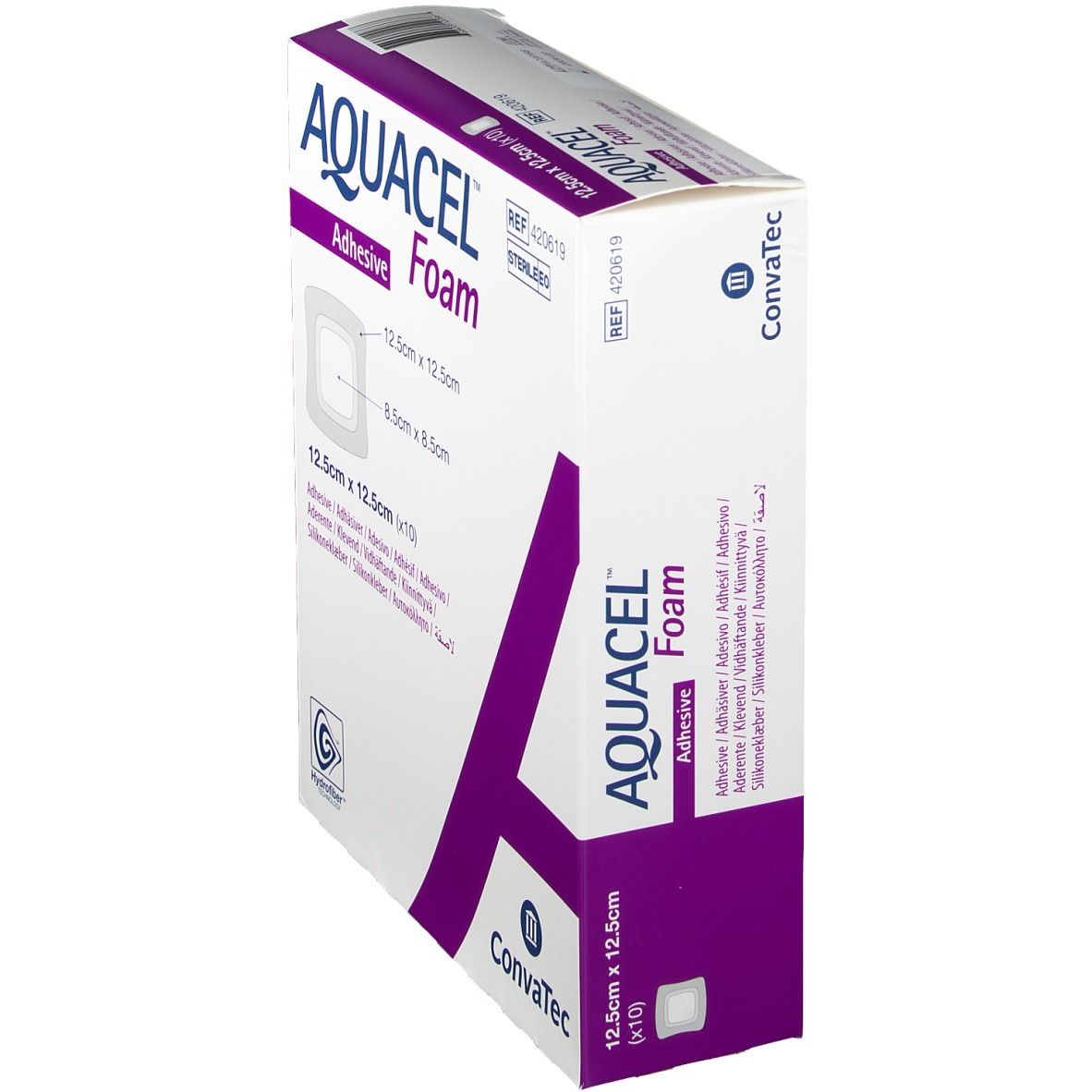 Confezione AQUACEL Foam adesivo, vista laterale. ConvaTec. Dimensioni 12,5 cm x 12,5 cm. Sterile. Dettagli prodotto.