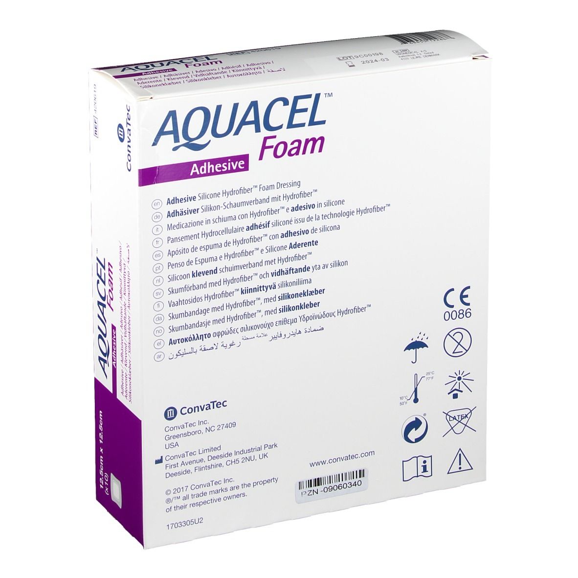 Retro confezione AQUACEL Foam adesivo. Informazioni produttore, marchio CE, simboli. ConvaTec.