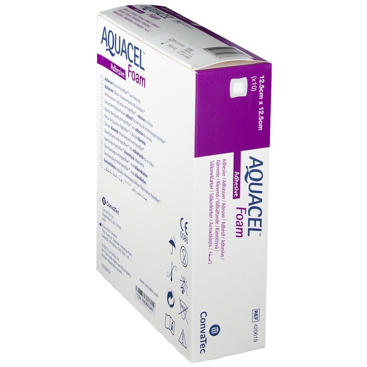 Confezione AQUACEL Foam adesivo, vista laterale. ConvaTec. Dimensioni 12,5 cm x 12,5 cm. Sterile. Dettagli prodotto.