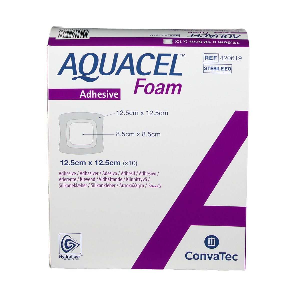 Confezione AQUACEL Foam adesivo. Dimensioni 12,5 cm x 12,5 cm. ConvaTec. Sterile. Immagine del prodotto.