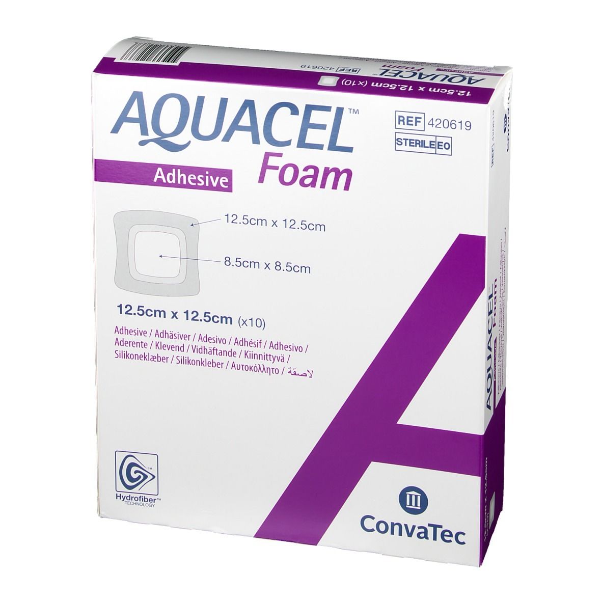 Confezione AQUACEL Foam adesivo. Dimensioni 12,5 cm x 12,5 cm. ConvaTec. Sterile. Immagine del prodotto.