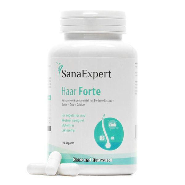 Flacone bianco di SanaExpert Haar Forte. Scritta: Haar Forte, 120 capsule. Vegano, senza glutine, senza lattosio.