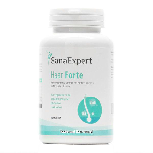 Flacone bianco SanaExpert Haar Forte. Scritta: Haar Forte, 120 capsule. Vegano, senza glutine, senza lattosio. Con zinco e B5.
