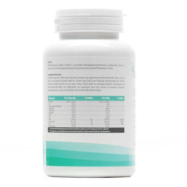 Retro del flacone bianco SanaExpert Haar Forte. Testo con ingredienti e valori nutrizionali. Con certificazioni.